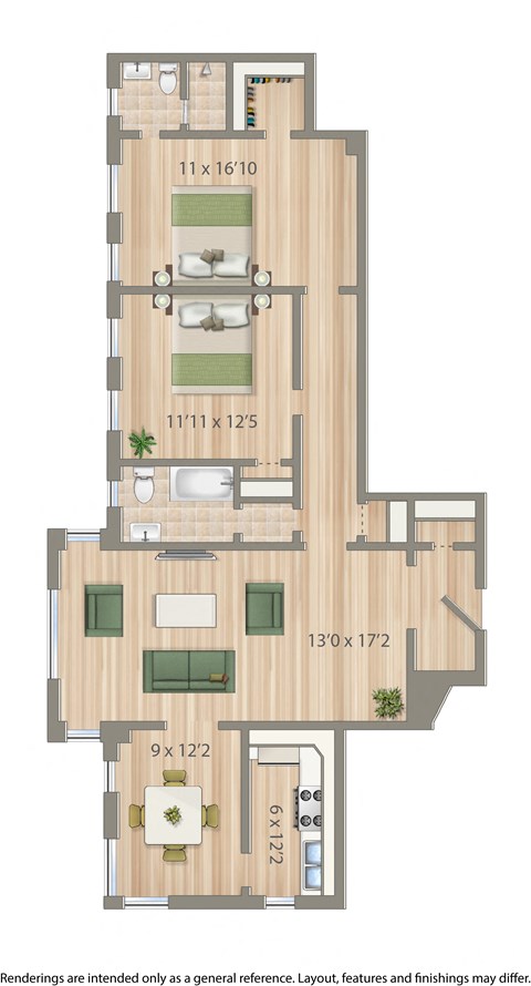 Floor plan for 2 beds, 2 baths, 1130 sqft